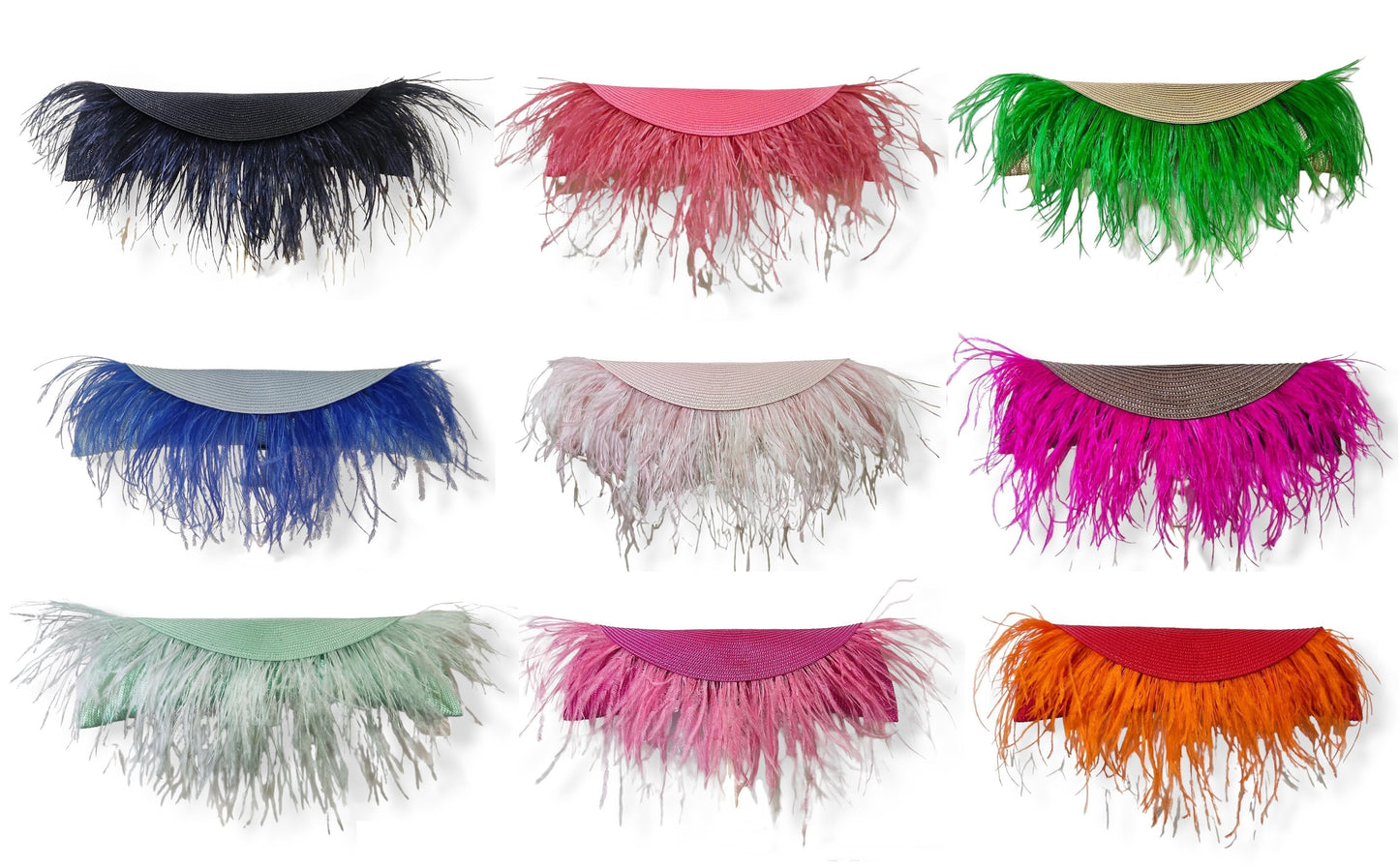 Composición de nueve clutchs de paja con plumas en diferentes combinaciones de colores, exhibidos frontalmente