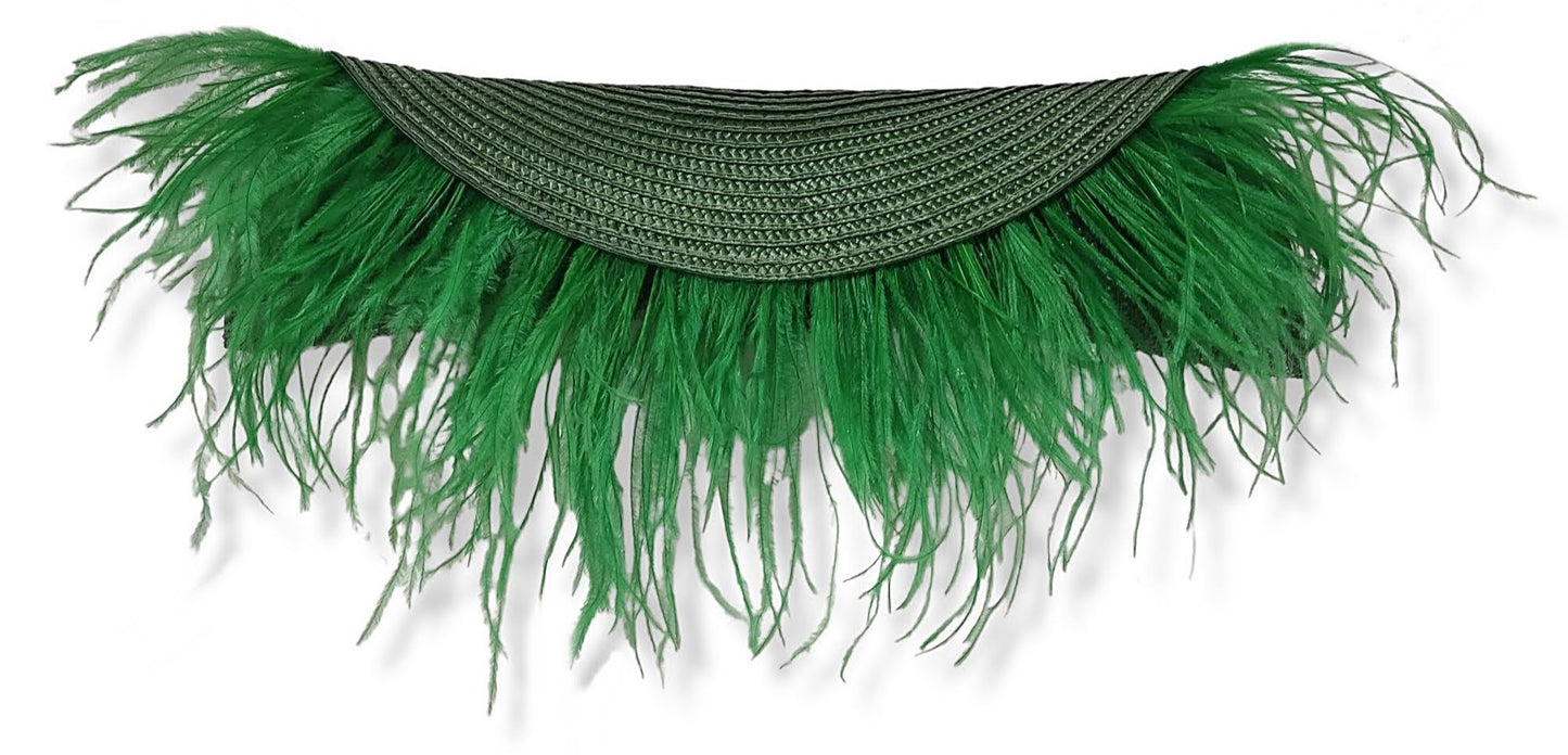 Clutch de fiesta de paja en color verde con plumas a juego