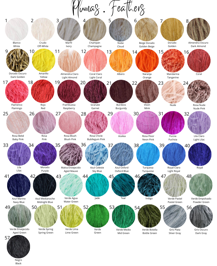 Carta de colores de plumas de avestruz para personalizar broches y complementos.