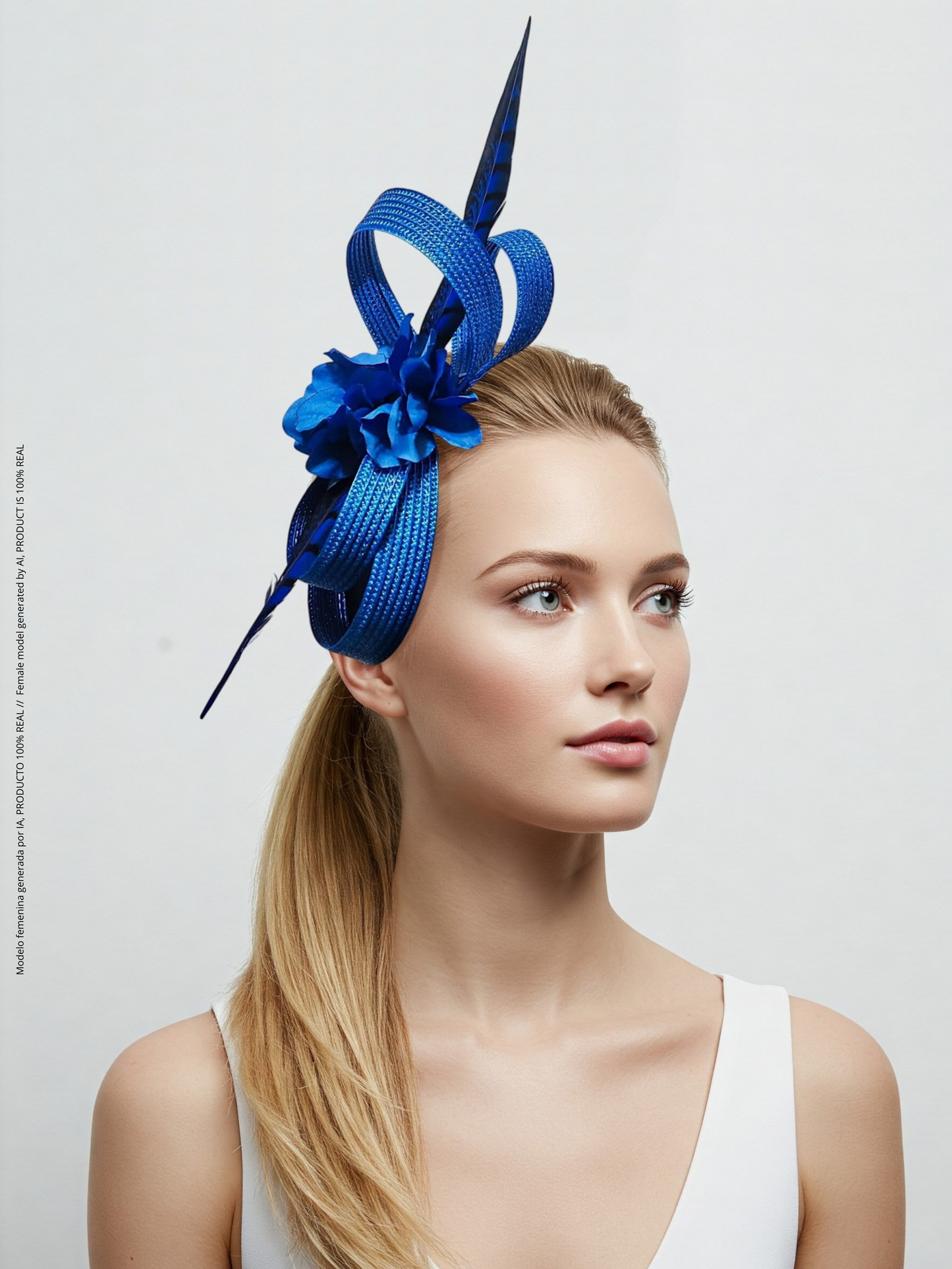 Royal Blue Headpiece with Flowers and Pheasant Feather