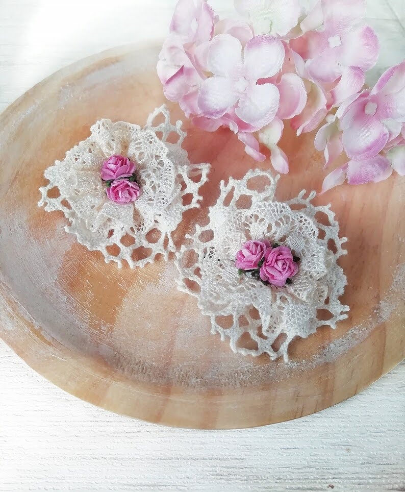 Ivory Lace and Flower Barrettes for First Communion, Arras and Baptism