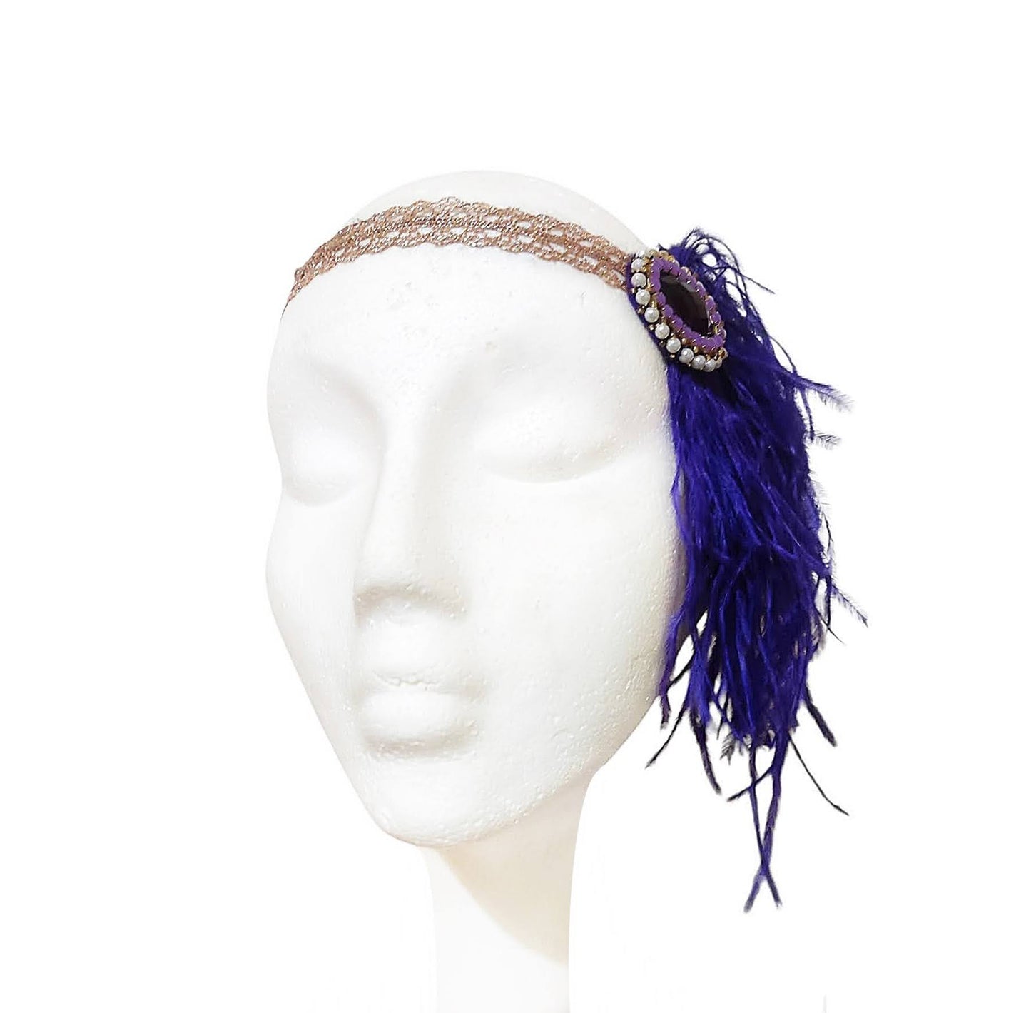 1920s Headpiece with purple feathers and rose gold lace