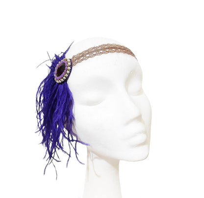 1920s Headpiece with purple feathers and rose gold lace