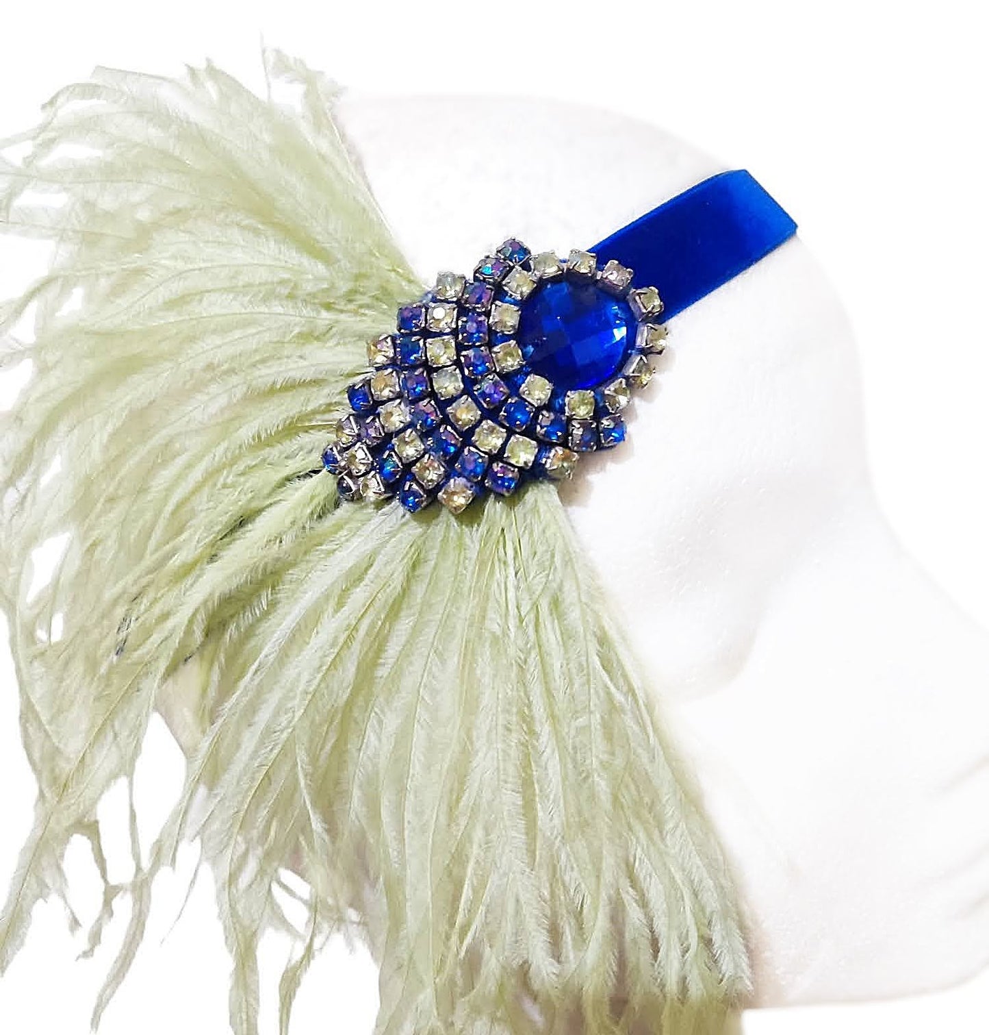 Gatsby headband in pistachio green and cobalt blue with crystal and feathers 