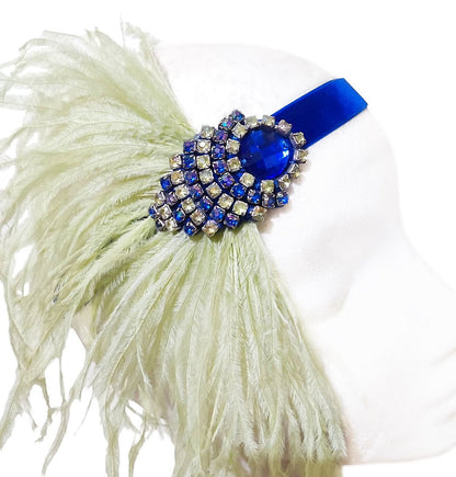 Gatsby headband in pistachio green and cobalt blue with crystal and feathers 