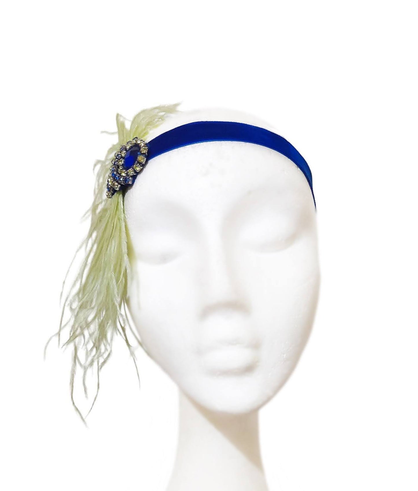 Gatsby headband in pistachio green and cobalt blue with crystal and feathers 
