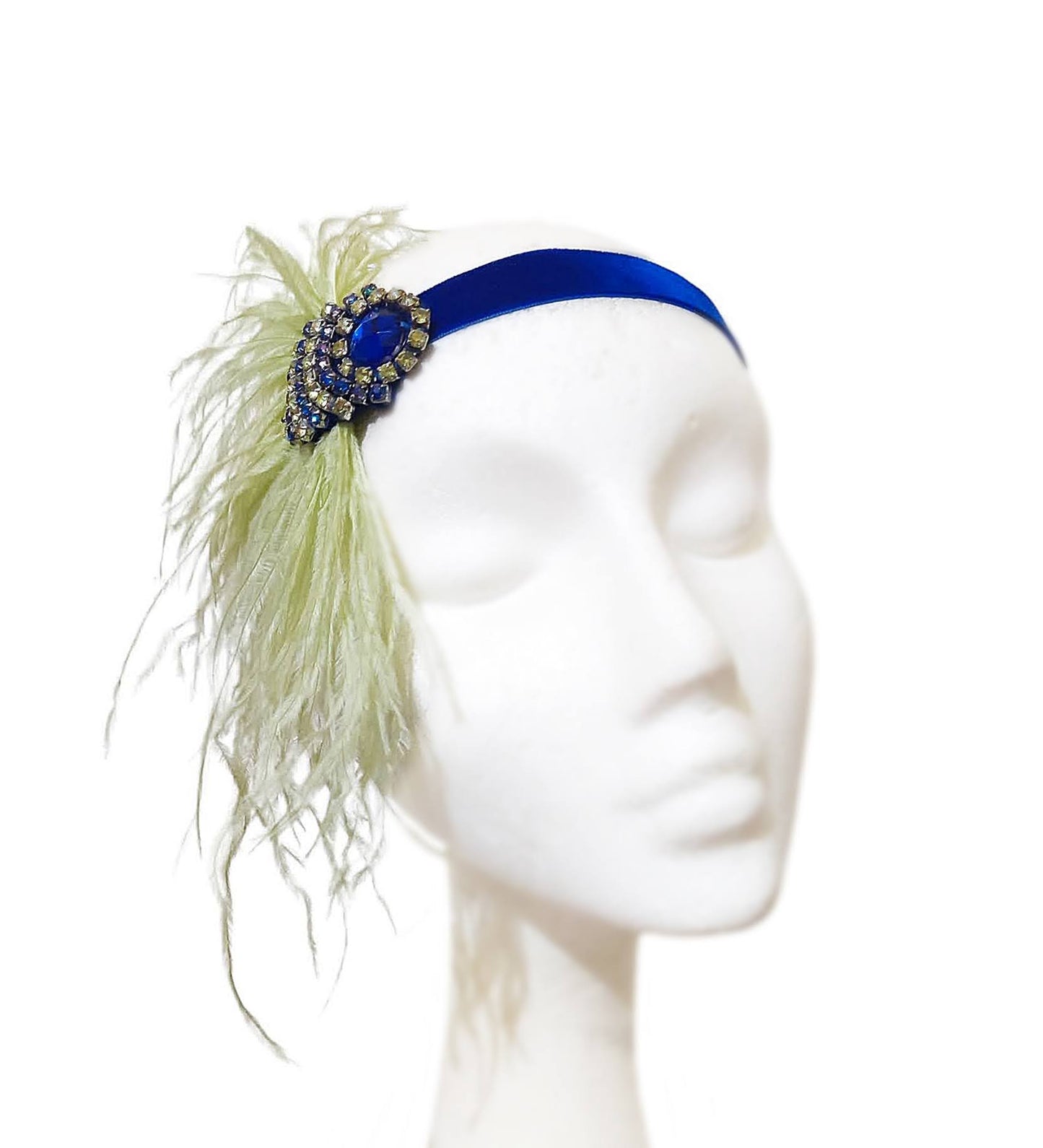 Gatsby headband in pistachio green and cobalt blue with crystal and feathers 