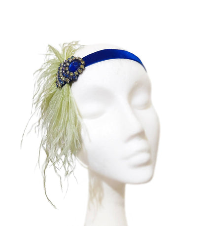 Gatsby headband in pistachio green and cobalt blue with crystal and feathers 