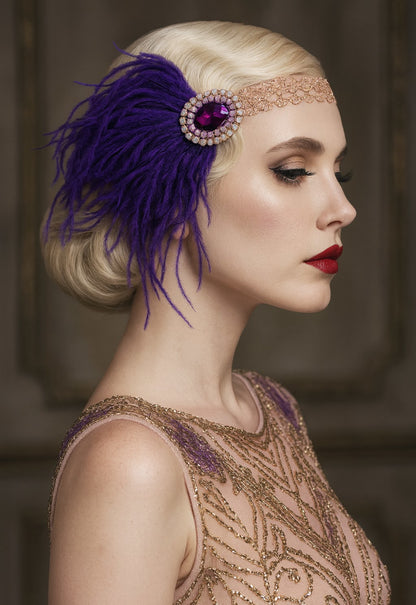 1920s headpiece with purple ostrich feathers, rose gold lace and crystal appliqué, handmade by Glo&Sons