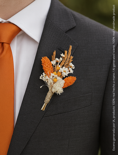 Orange and Ivory Boutonniere for Grooms or Groomsmen Wedding