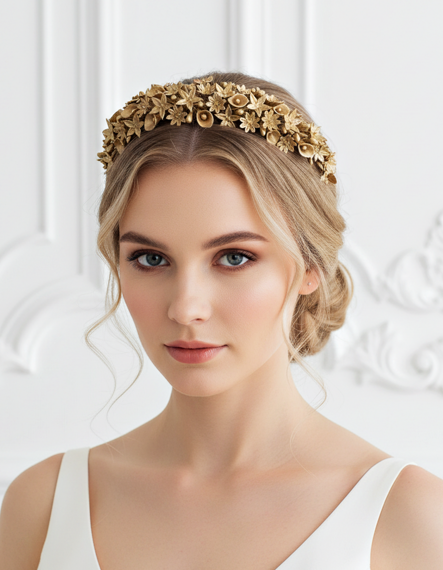 Brauttiara mit kleinen Porzellanblumen und Staubgefäßen in Silber, handgefertigtes Design von Glo&Sons