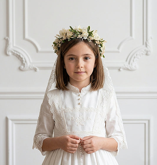 Corona Floral Beige y Verde para Primera Comunión
