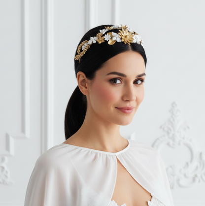 Peineta de Novia Vintage con Flores y Hojas de Porcelana