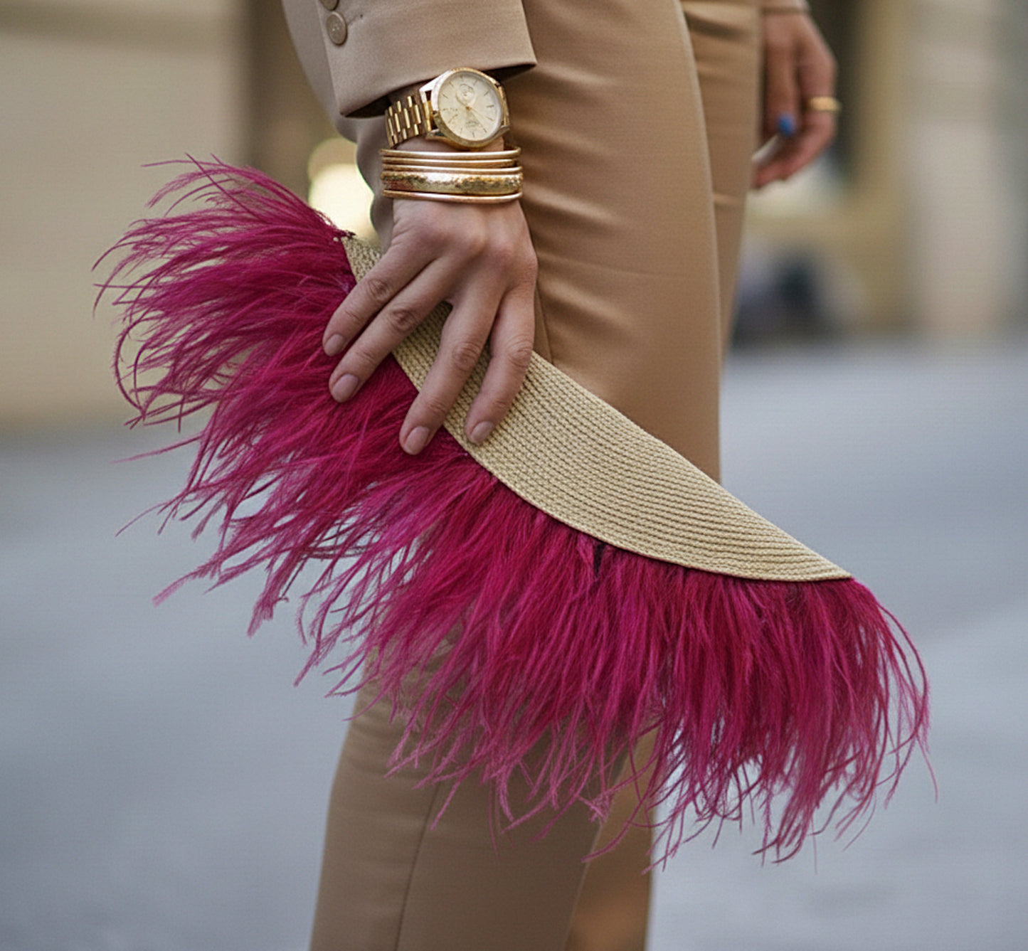 Straw Wedding Clutch with Feathers