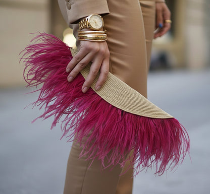 Straw Wedding Clutch with Feathers