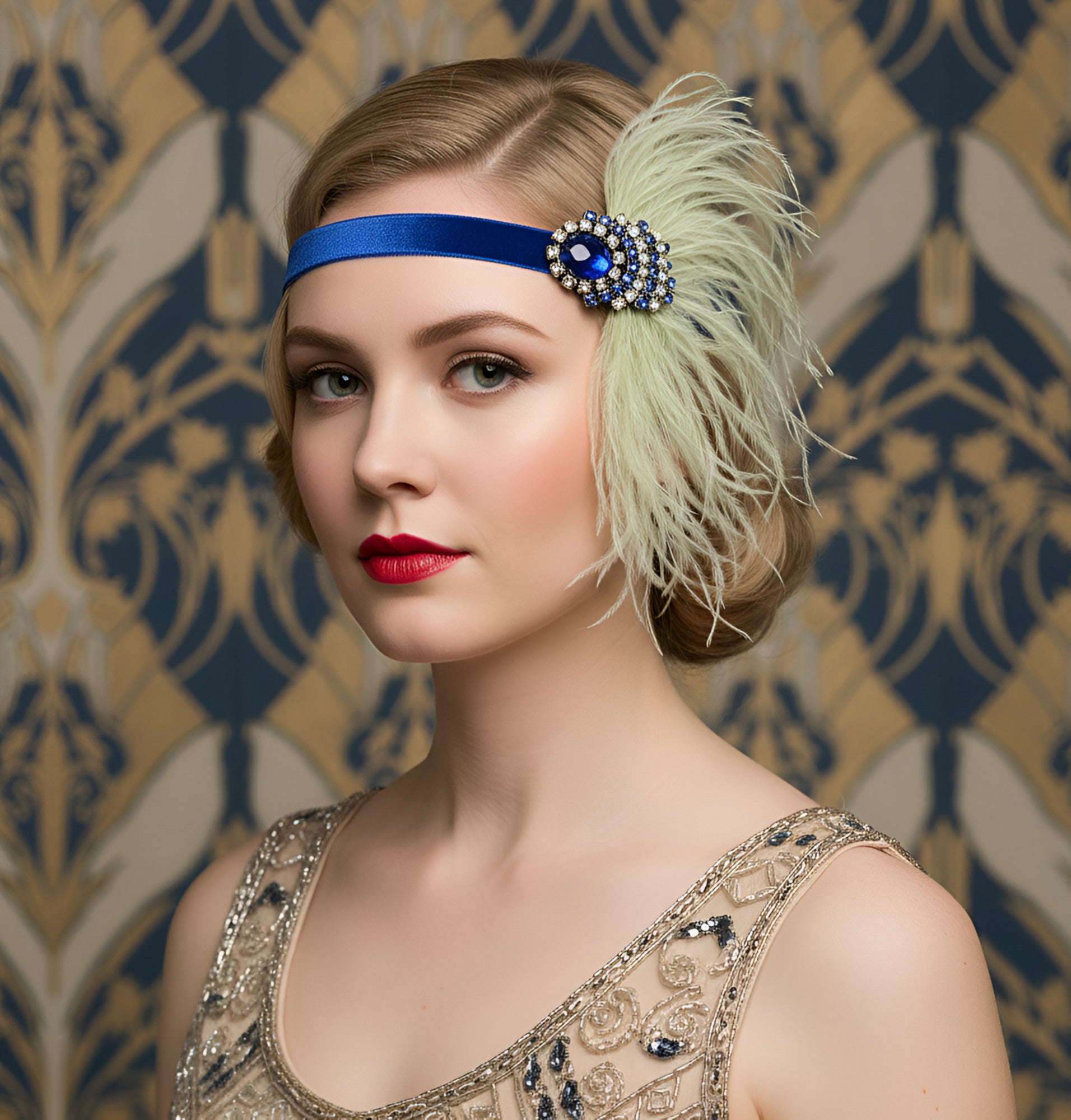 Vista medio perfil de diadema Gatsby en modelo rubia.