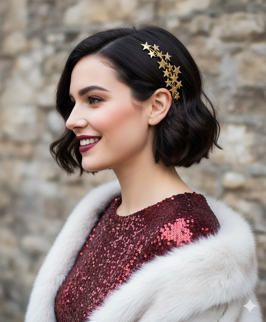 Frau mit goldenem Porzellan-Haarkamm in Sternform, elegant gestylt mit kurzem welligem Haar und rotem Paillettenkleid vor einer Steinwand.