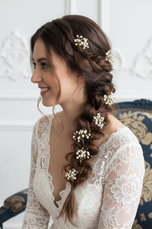 Novia estilo bohemio con horquillas con peinado trenza de espiga decorada con ramilletes de paniculata preservada