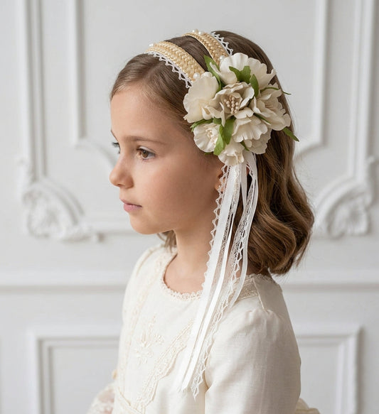Diadema Doble de Paja con Flores Marfil
