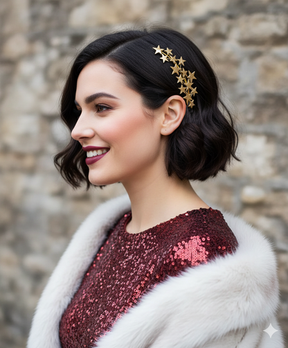 Invitada con peinado de ondas luciendo una peineta de estrellas en tono oro viejo para un look de evento o noche.