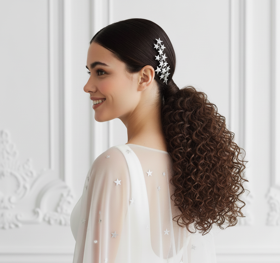 Novia con peineta de estrellas plateadas de porcelana sobre recogido rizado, fotografiada frente a pared blanca con luz suave.