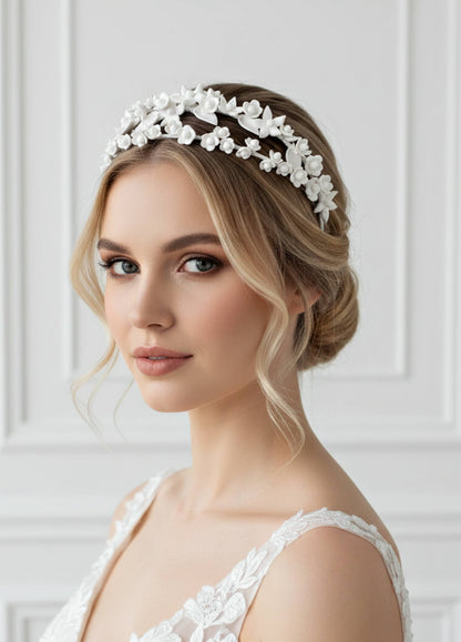 Diadema Doble de Porcelana con Flores y Hojas para Novias