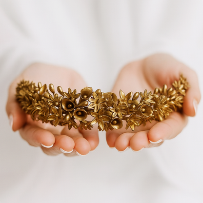 Primer plano de manos sujetando con delicadeza una tiara nupcial de porcelana fría en color oro viejo, mostrando el detalle de las mini flores modeladas.