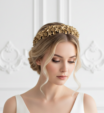 Novia con recogido bajo y mechones sueltos luciendo una tiara de flores de porcelana dorada en un plano medio perfil.