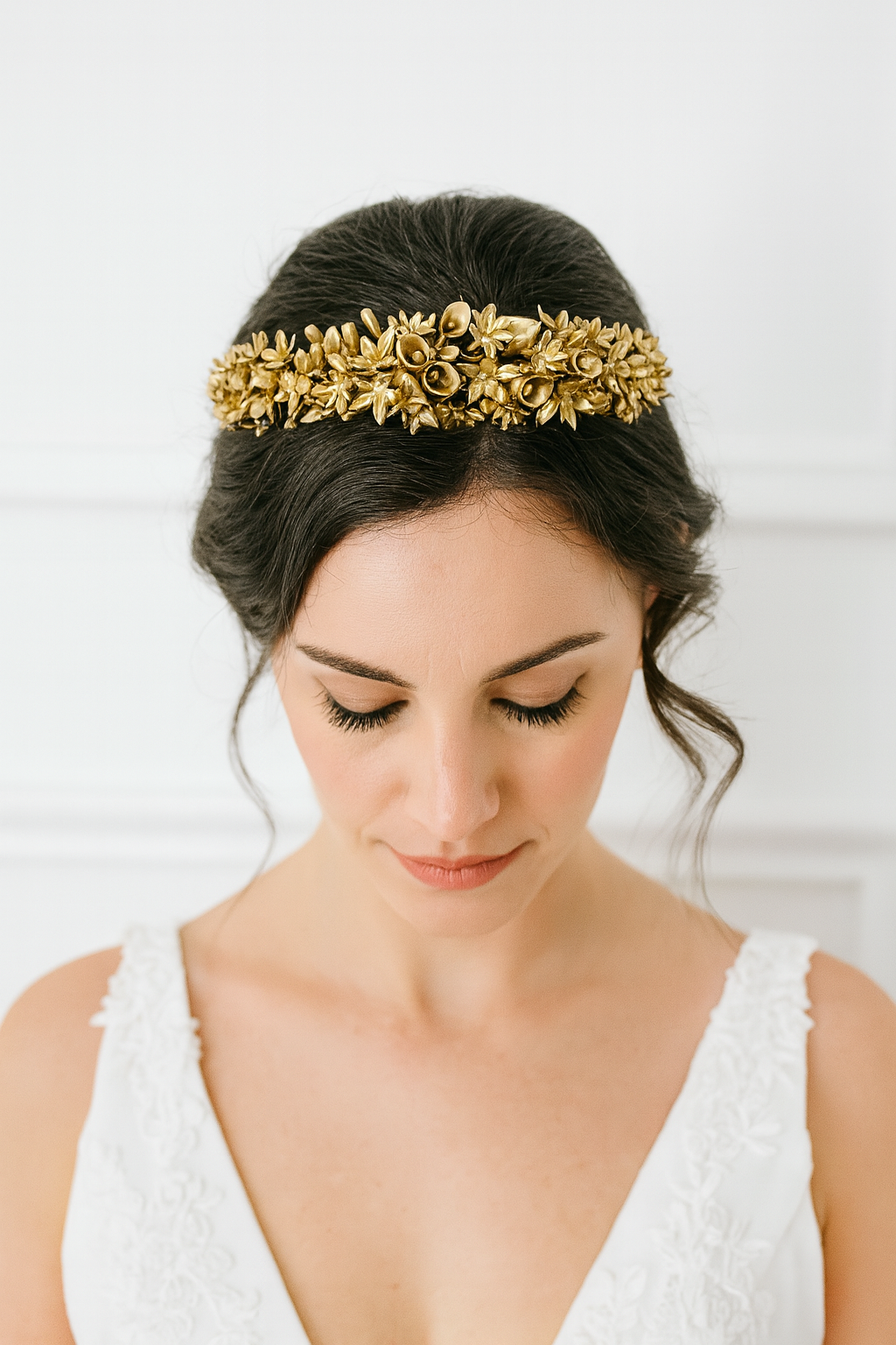 Tiara da sposa con piccoli fiori e pistilli in porcellana argentata, realizzata a mano da Glo&Sons