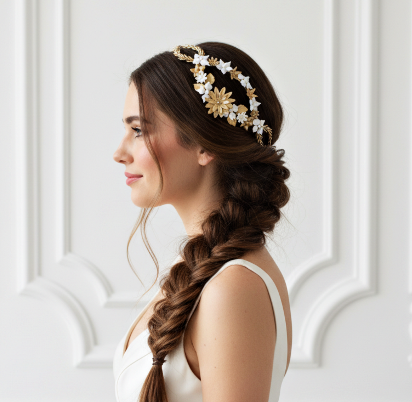 Peineta de Novia Vintage con Flores y Hojas de Porcelana