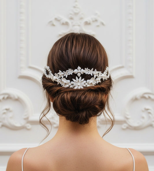 Tocado de novia vintage de porcelana con flores blancas, colocado como tiara sobre recogido bajo elegante