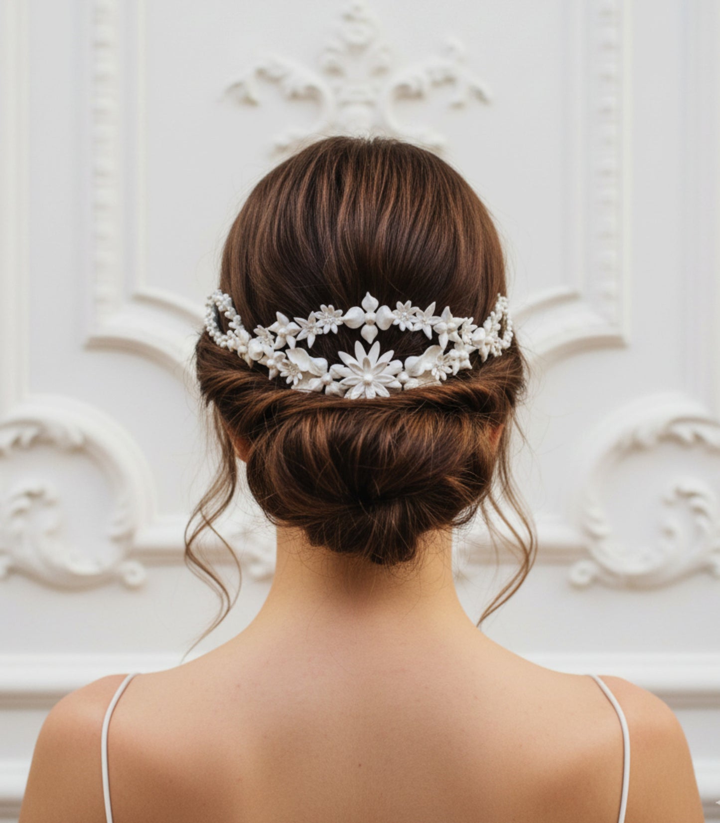 Tocado trasero de novia en blanco nacarado con flores y hojas de porcelana colocado sobre un elegante recogido bajp